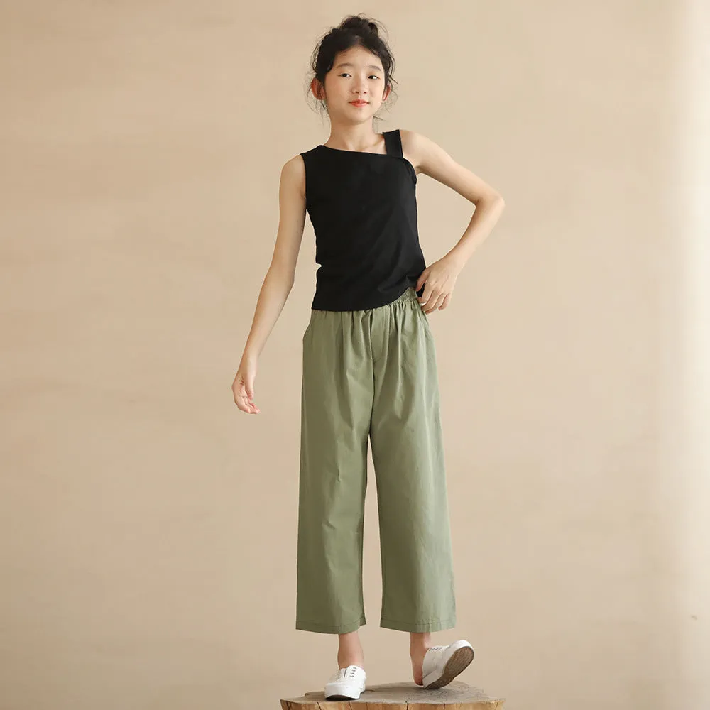 日式 绿色九分裤/ 背心 Cropped Pants in Green / Asymmetrical Neck Top