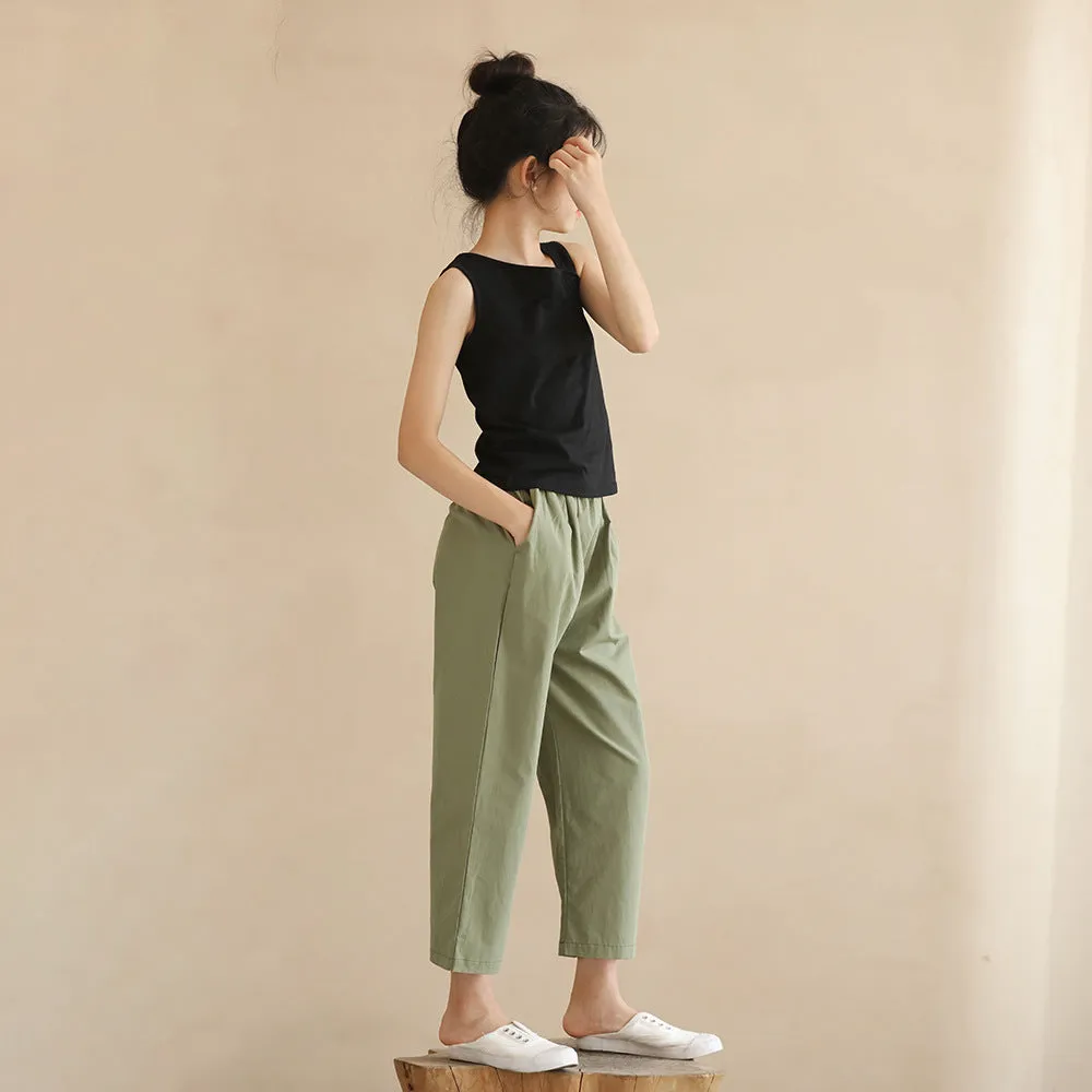 日式 绿色九分裤/ 背心 Cropped Pants in Green / Asymmetrical Neck Top