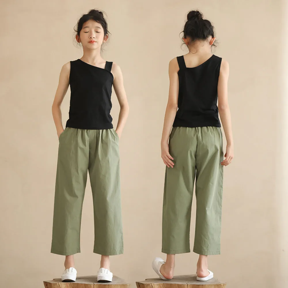 日式 绿色九分裤/ 背心 Cropped Pants in Green / Asymmetrical Neck Top