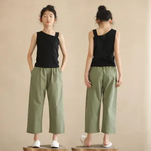 日式 绿色九分裤/ 背心 Cropped Pants in Green / Asymmetrical Neck Top