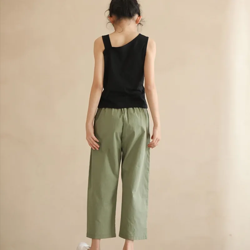 日式 绿色九分裤/ 背心 Cropped Pants in Green / Asymmetrical Neck Top