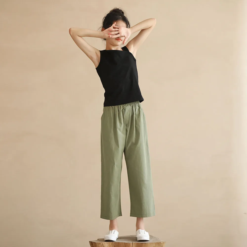 日式 绿色九分裤/ 背心 Cropped Pants in Green / Asymmetrical Neck Top