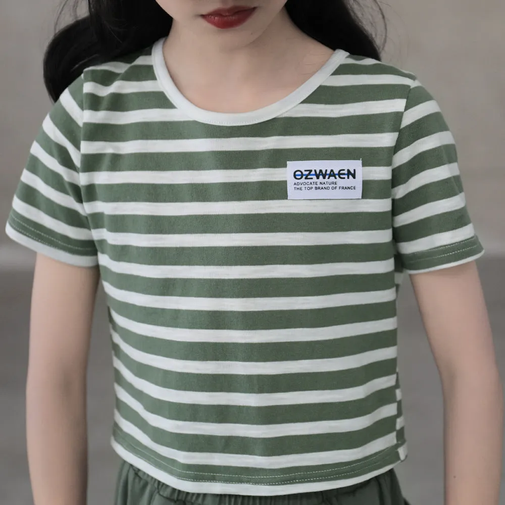 日系 条纹短袖T恤/ 休闲运动裤 Striped T-shirt / Joggers in Green