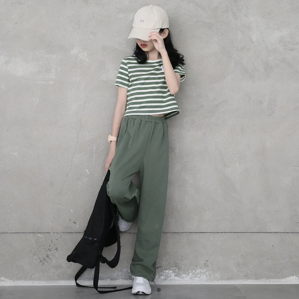 日系 条纹短袖T恤/ 休闲运动裤 Striped T-shirt / Joggers in Green