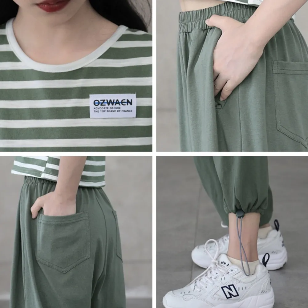 日系 条纹短袖T恤/ 休闲运动裤 Striped T-shirt / Joggers in Green