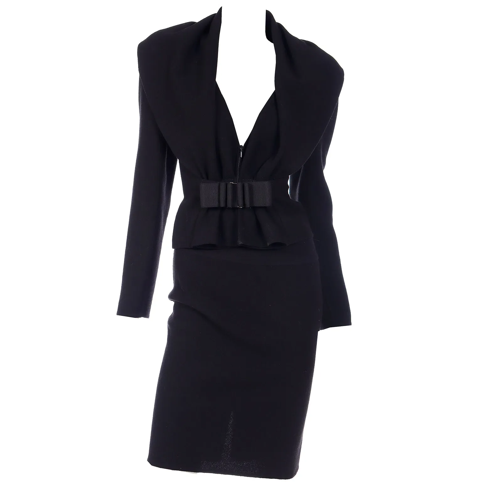 2000s Valentino Vintage Black 2 Piece Skirt & Jacket Suit W Unique Bow Buckle