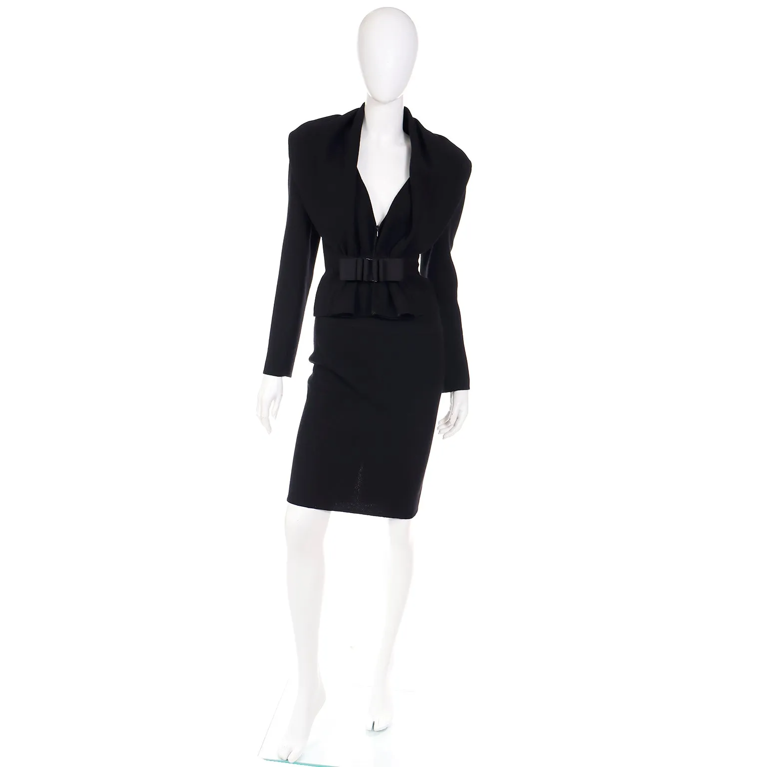 2000s Valentino Vintage Black 2 Piece Skirt & Jacket Suit W Unique Bow Buckle