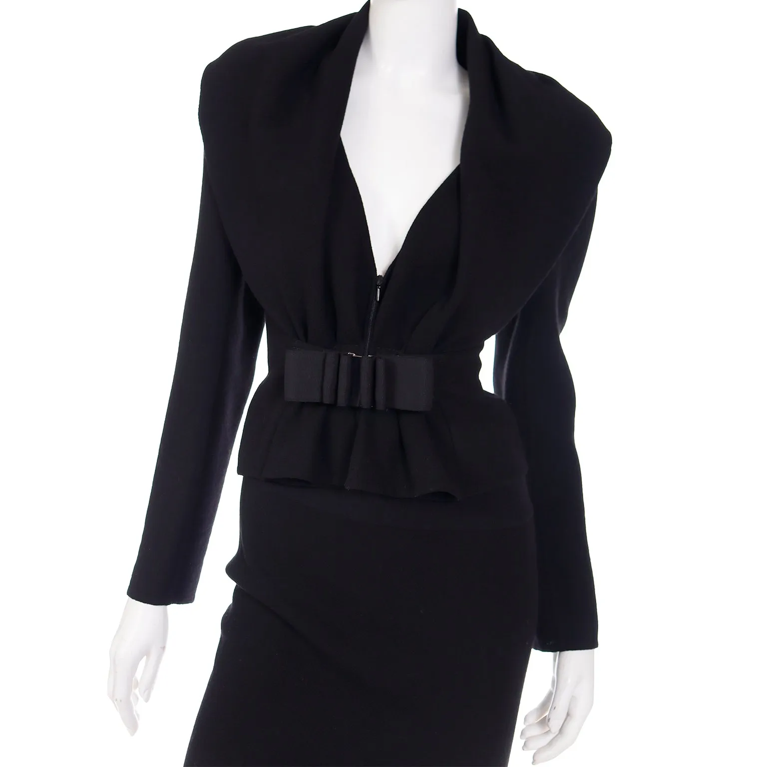 2000s Valentino Vintage Black 2 Piece Skirt & Jacket Suit W Unique Bow Buckle