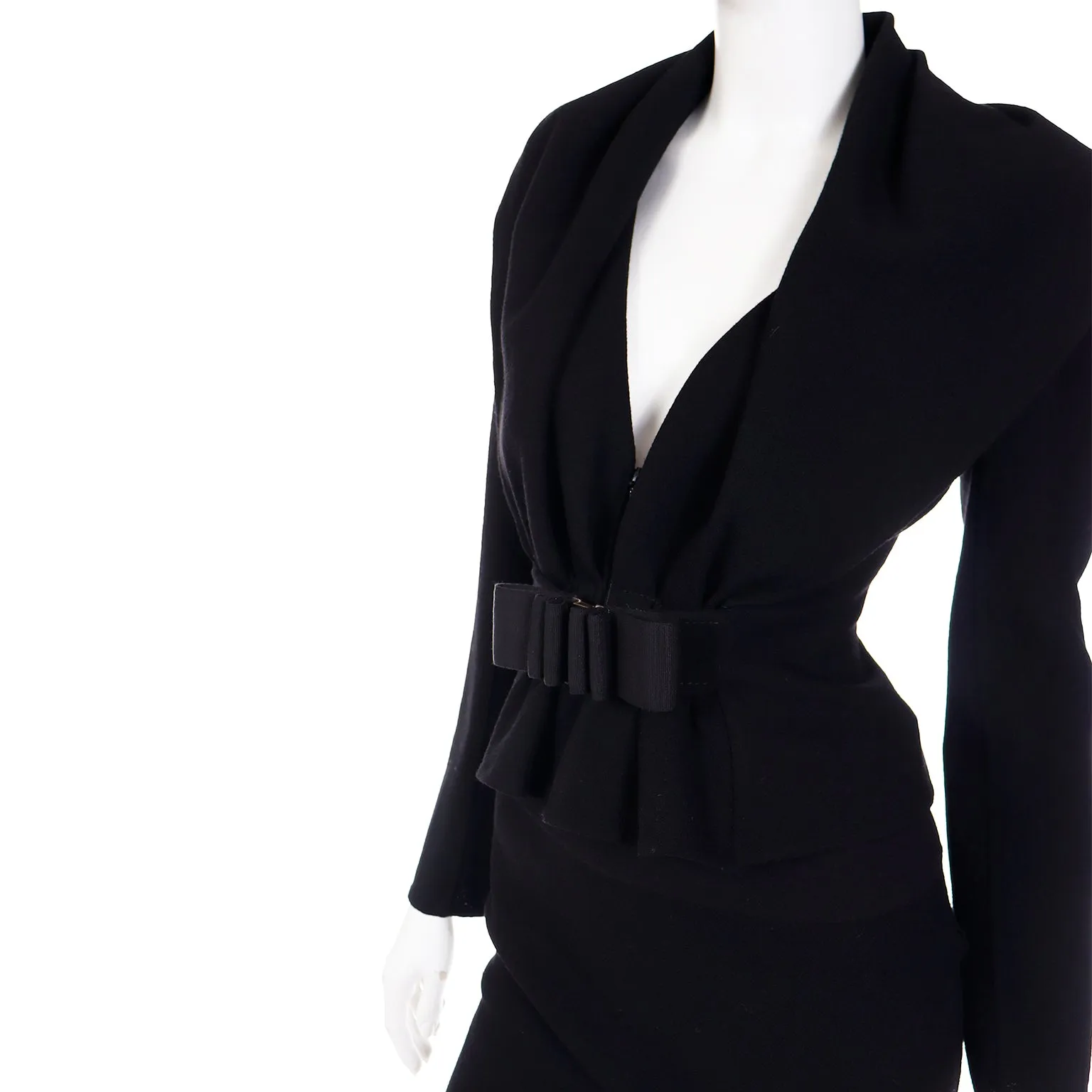 2000s Valentino Vintage Black 2 Piece Skirt & Jacket Suit W Unique Bow Buckle