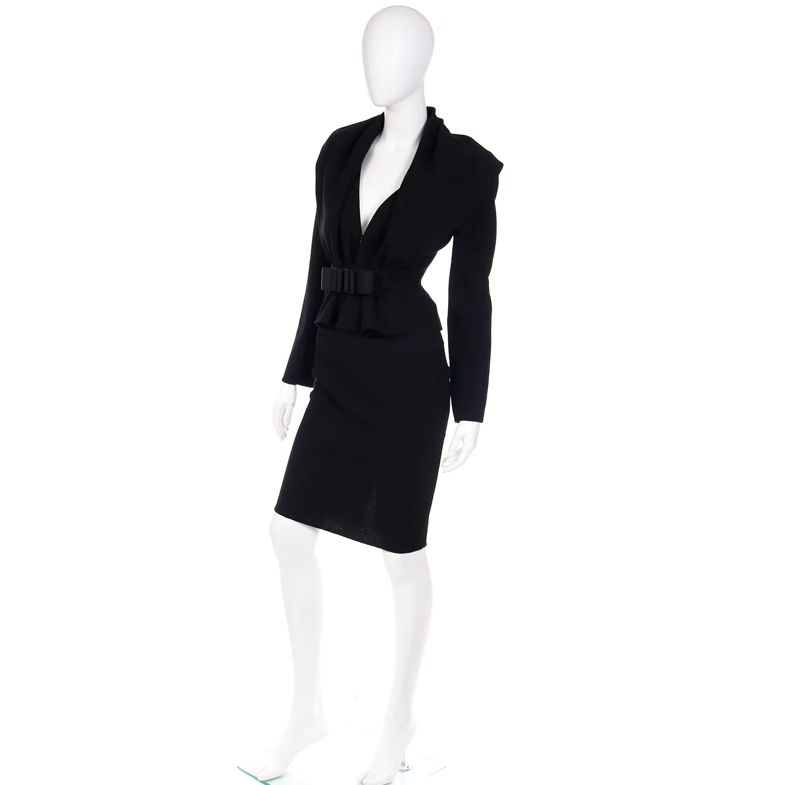 2000s Valentino Vintage Black 2 Piece Skirt & Jacket Suit W Unique Bow Buckle