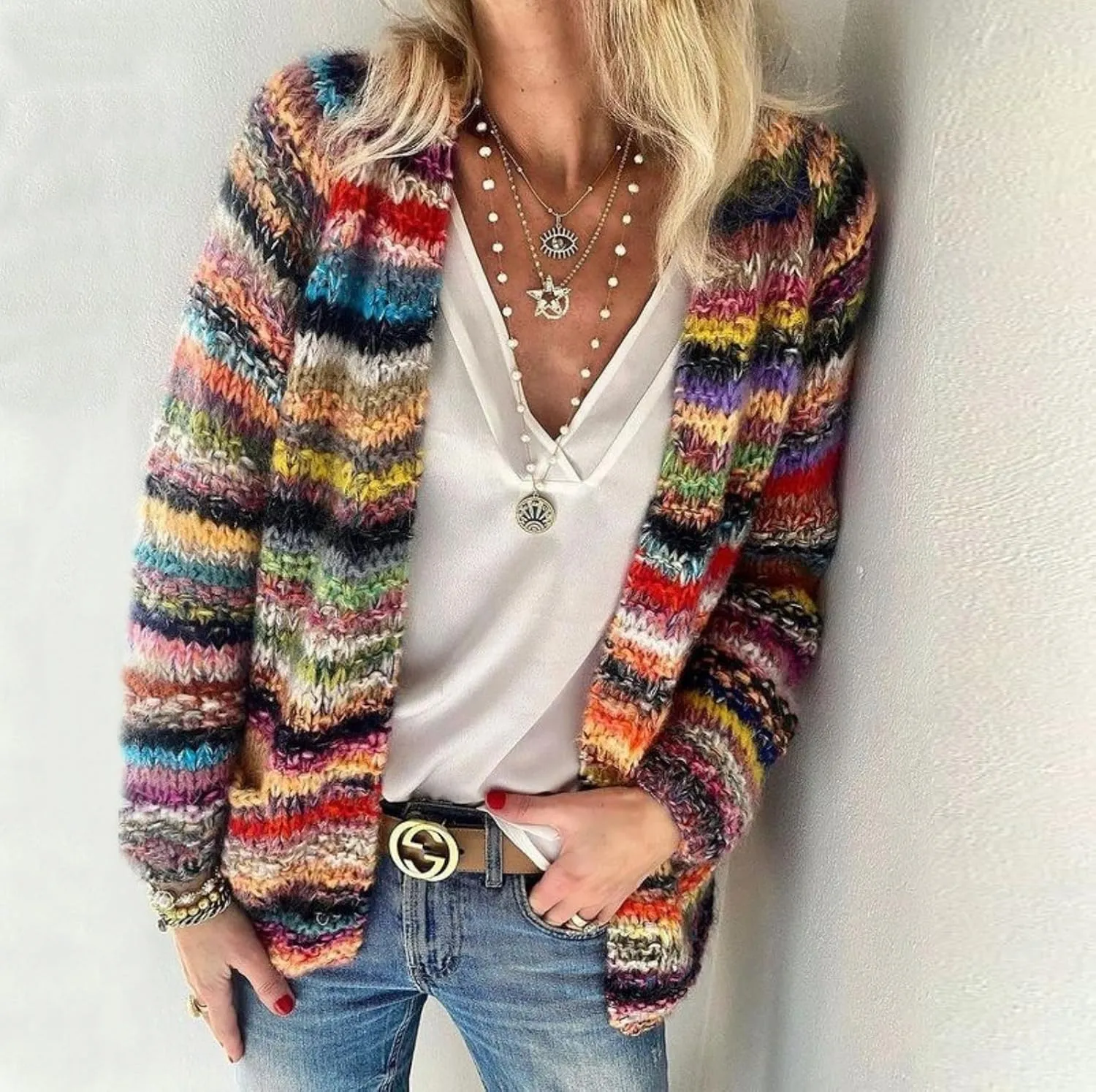 2024New Striped Cardigan Sweaters for Women,Rainbow Striped Sweater Multi Colored Cardigan Rainbow Cardigan Women