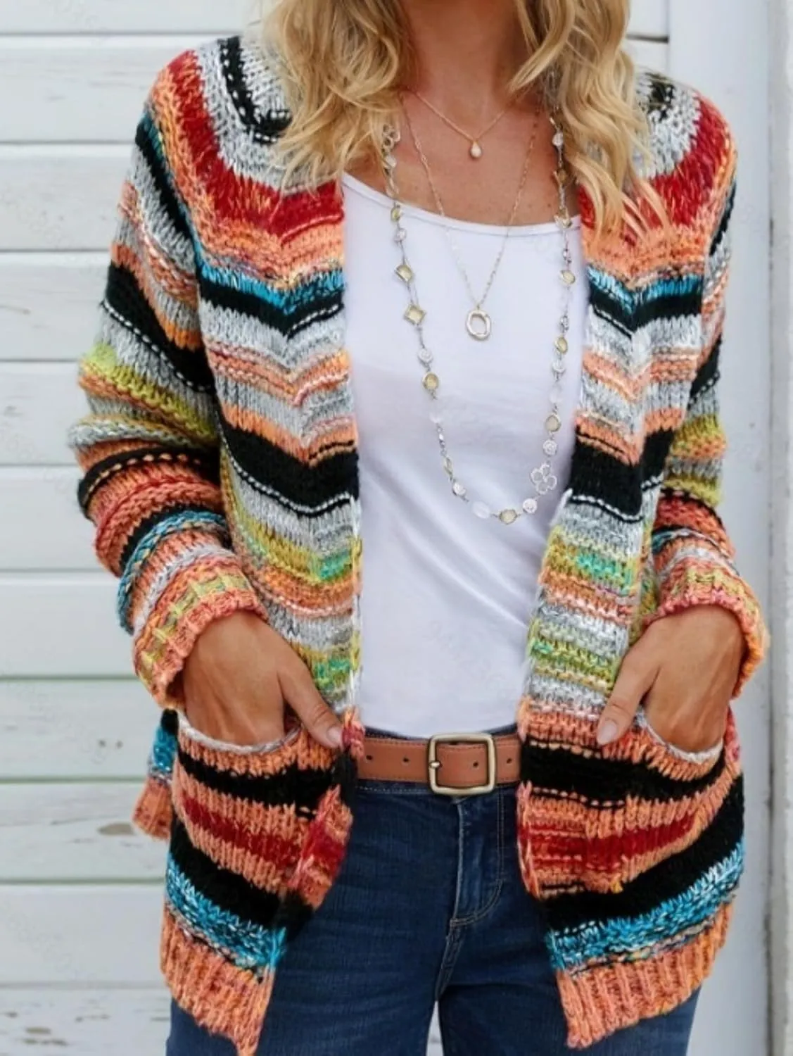 2024New Striped Cardigan Sweaters for Women,Rainbow Striped Sweater Multi Colored Cardigan Rainbow Cardigan Women