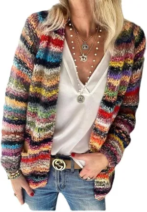 2024New Striped Cardigan Sweaters for Women,Rainbow Striped Sweater Multi Colored Cardigan Rainbow Cardigan Women