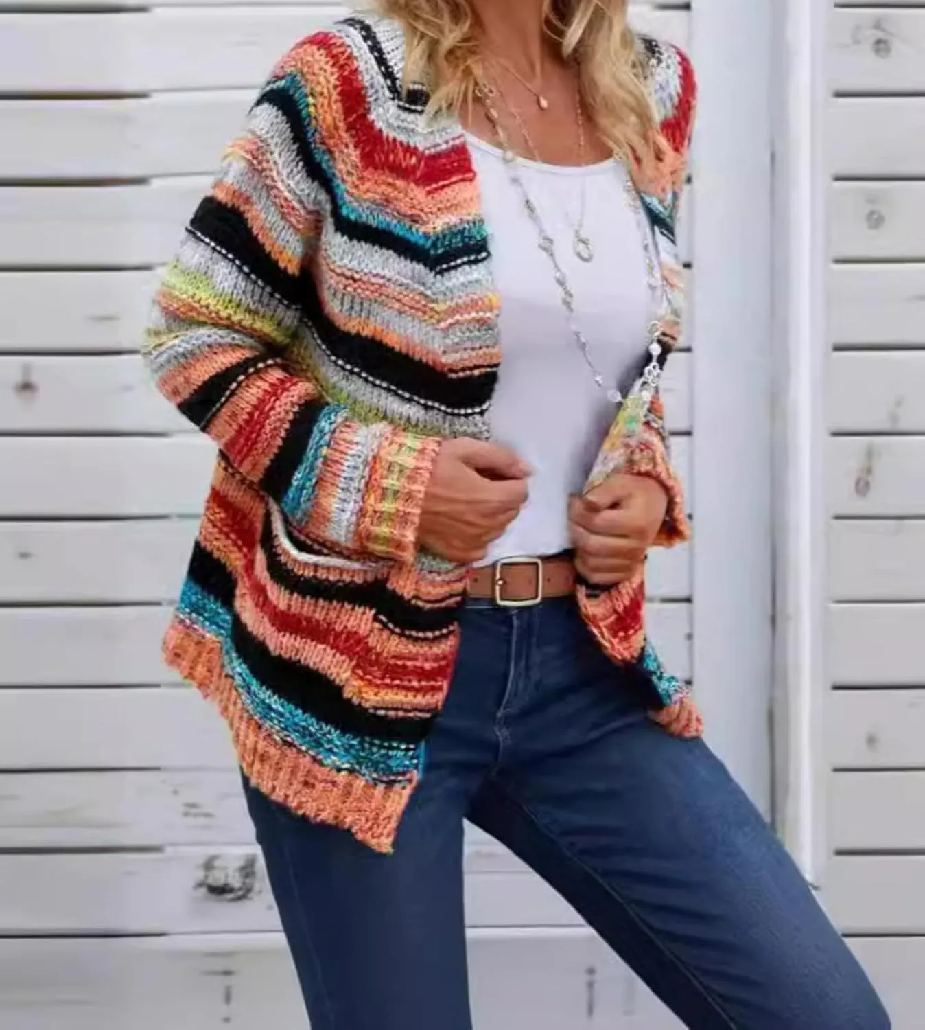 2024New Striped Cardigan Sweaters for Women,Rainbow Striped Sweater Multi Colored Cardigan Rainbow Cardigan Women