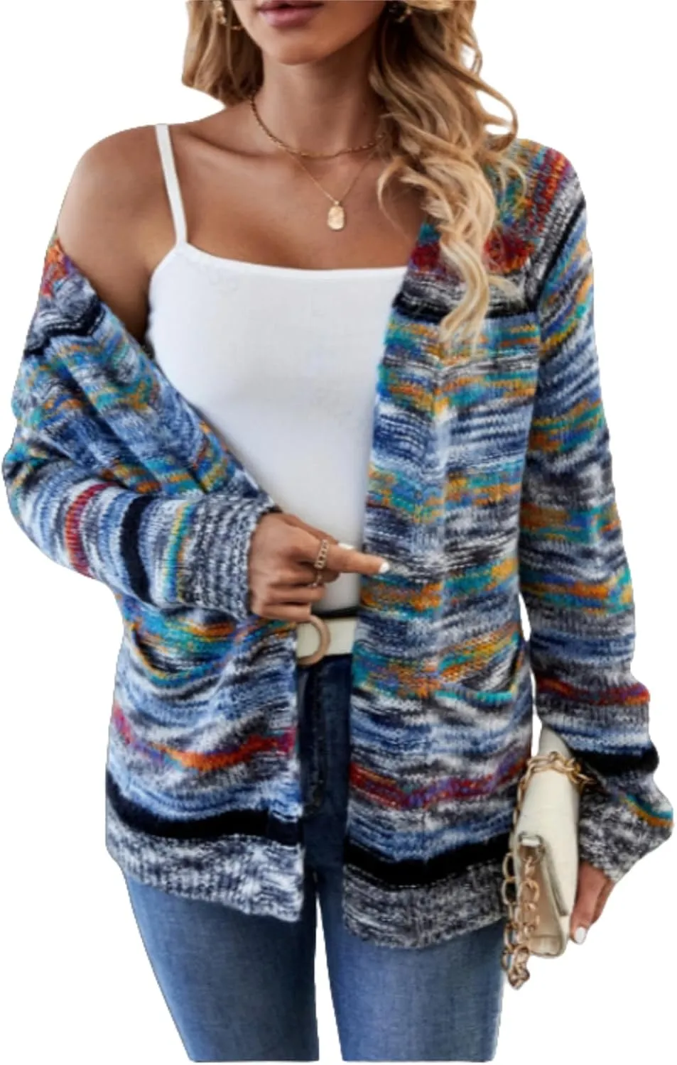2024New Striped Cardigan Sweaters for Women,Rainbow Striped Sweater Multi Colored Cardigan Rainbow Cardigan Women