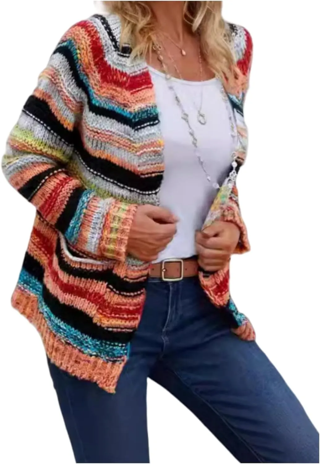 2024New Striped Cardigan Sweaters for Women,Rainbow Striped Sweater Multi Colored Cardigan Rainbow Cardigan Women