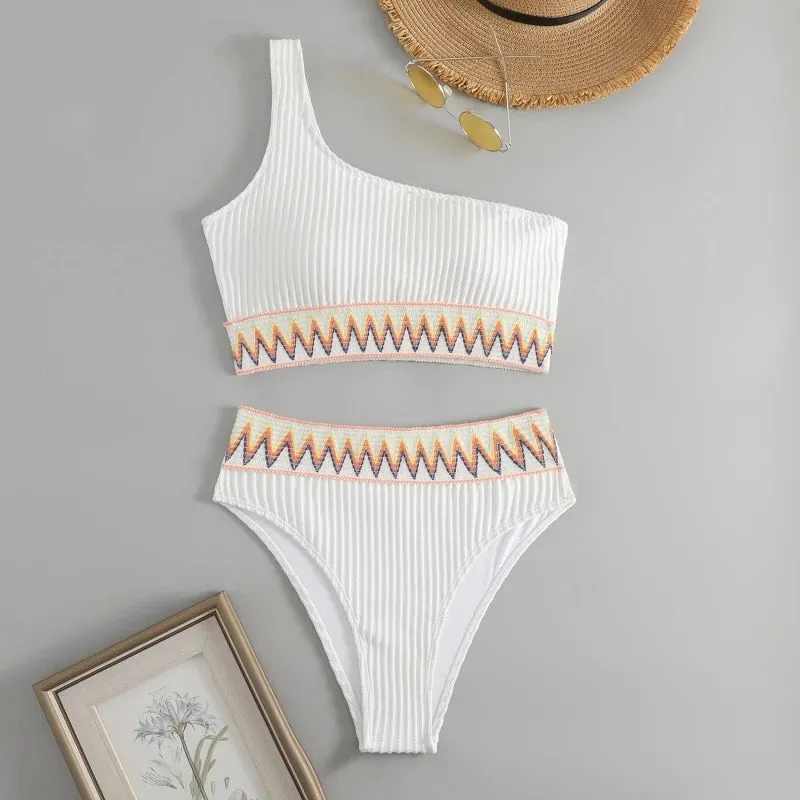 2025 One-Shoulder High Waist Bikini | Solid Color Padded Swimsuit for Women – Trendy Summer Beachwear