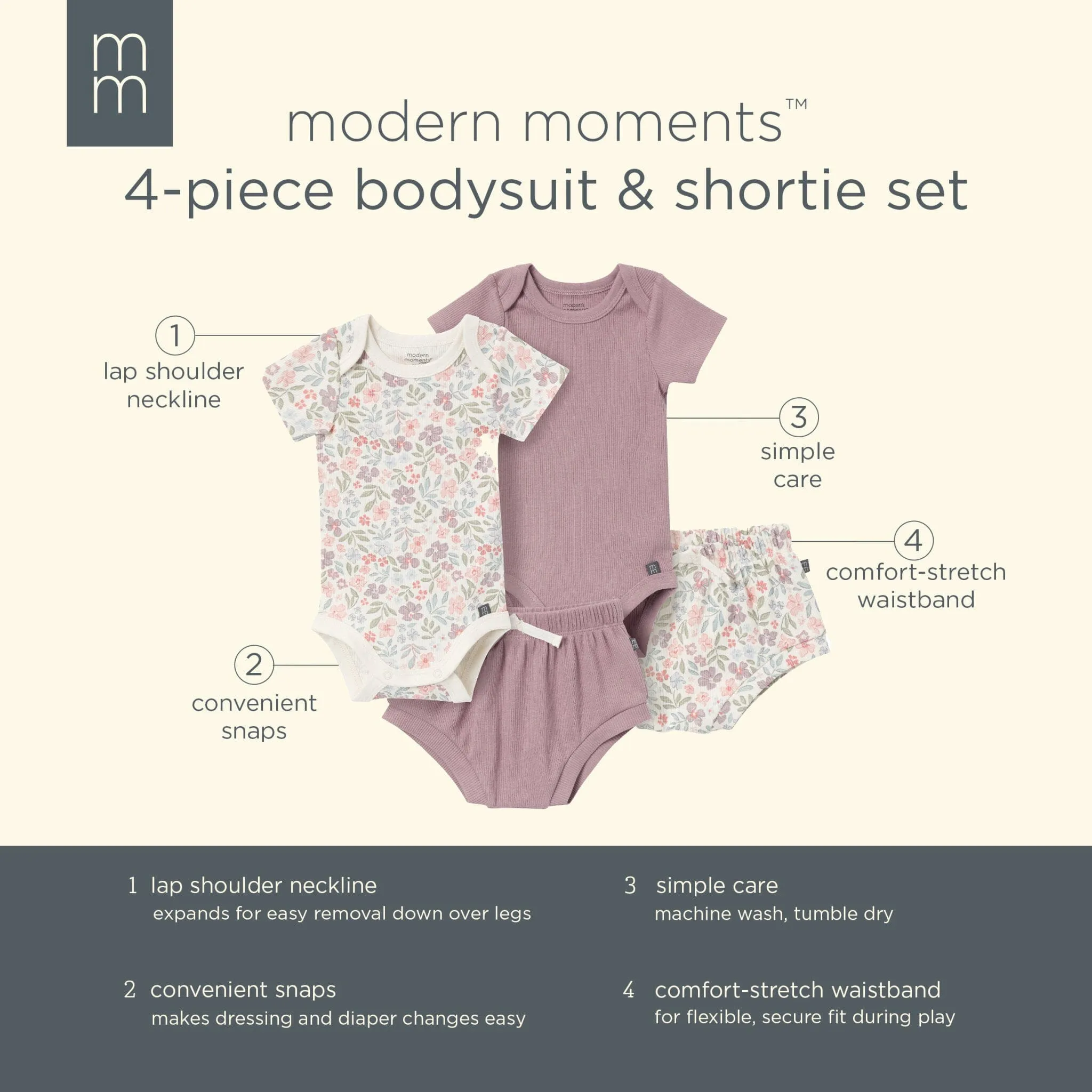 4-Piece Baby Girls Ivory Garden Short Sleeve Bodysuits and Shorts Set