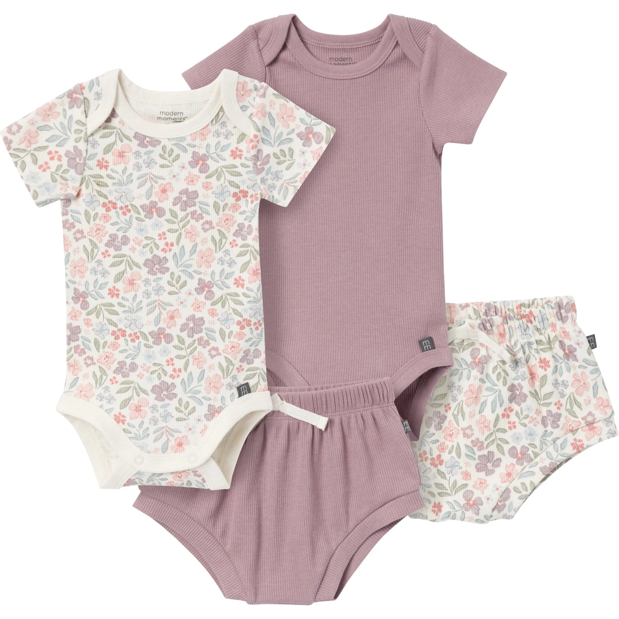 4-Piece Baby Girls Ivory Garden Short Sleeve Bodysuits and Shorts Set