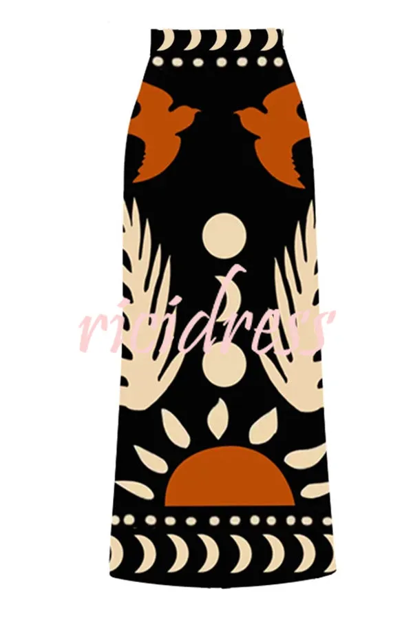 Abstract Art Birds and Sun Print Color Block High Waist Bikini And Skirt