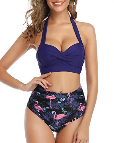 Adjustable Halter Neck Two Piece Swimsuit High Waist Bottom-Blue Flamingo