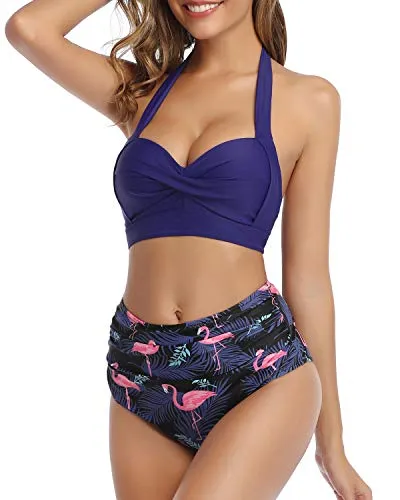 Adjustable Halter Neck Two Piece Swimsuit High Waist Bottom-Blue Flamingo