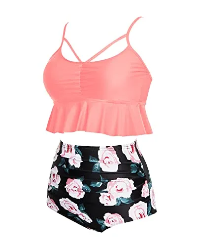 Adjustable Strap Retro High Waist Bikini Sets-Coral Pink Floral