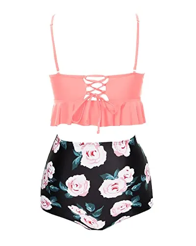 Adjustable Strap Retro High Waist Bikini Sets-Coral Pink Floral