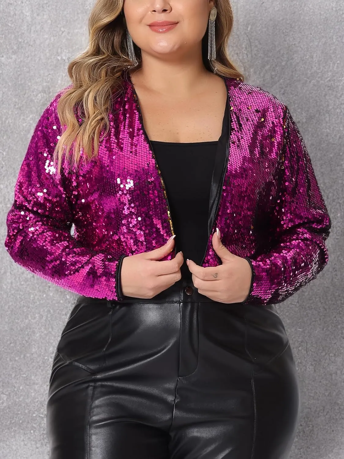 Agnes Orinda Plus Size Sequin Jacket for Women Open Front Long Sleeve 2024 Party Sparkly Metallic Crop Jackets