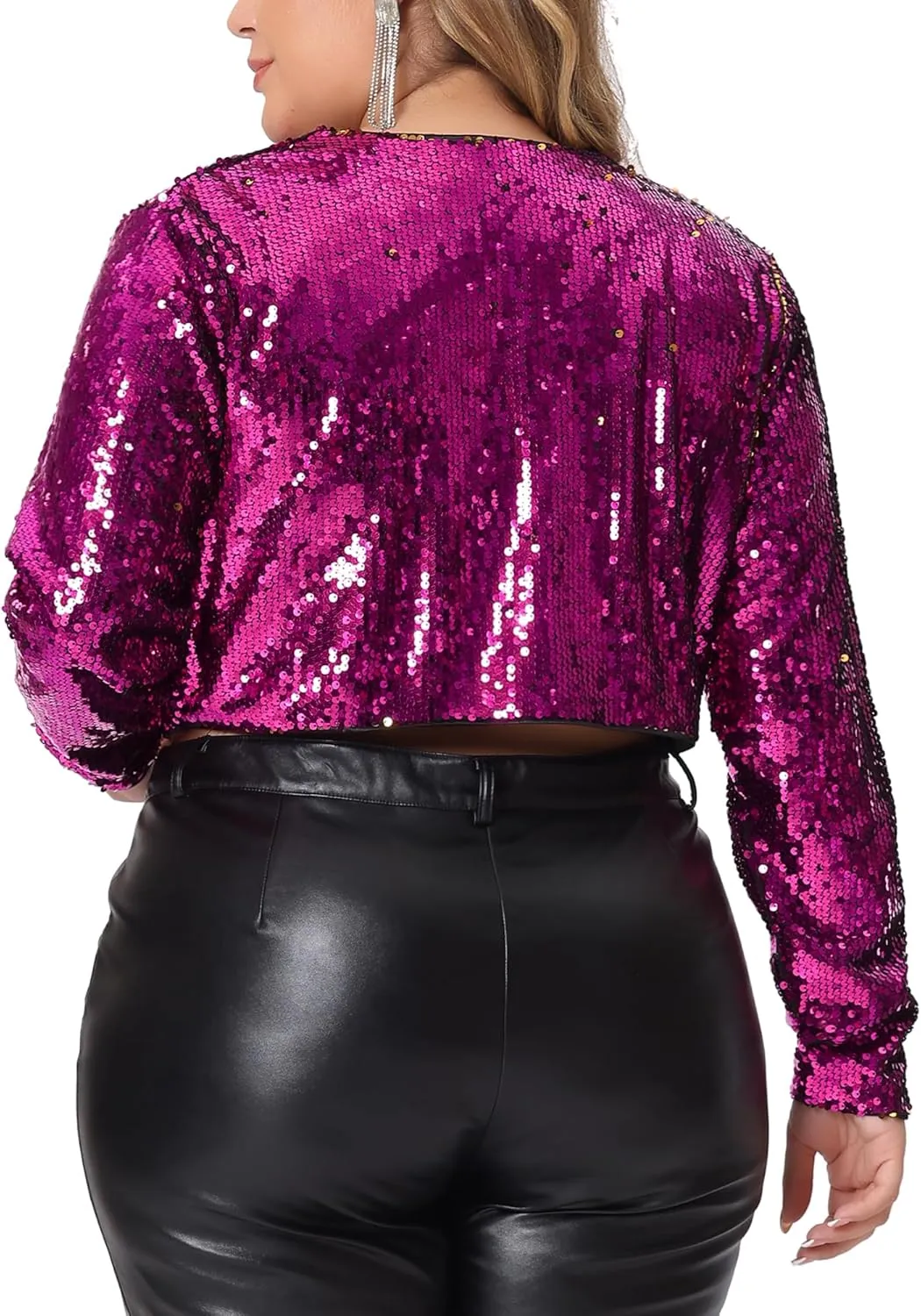 Agnes Orinda Plus Size Sequin Jacket for Women Open Front Long Sleeve 2024 Party Sparkly Metallic Crop Jackets