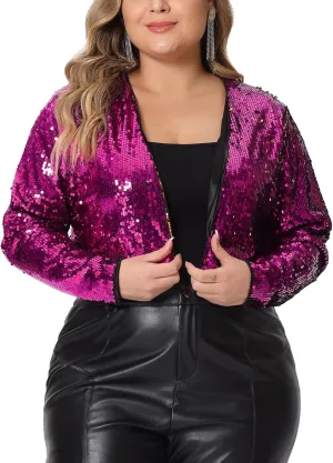 Agnes Orinda Plus Size Sequin Jacket for Women Open Front Long Sleeve 2024 Party Sparkly Metallic Crop Jackets