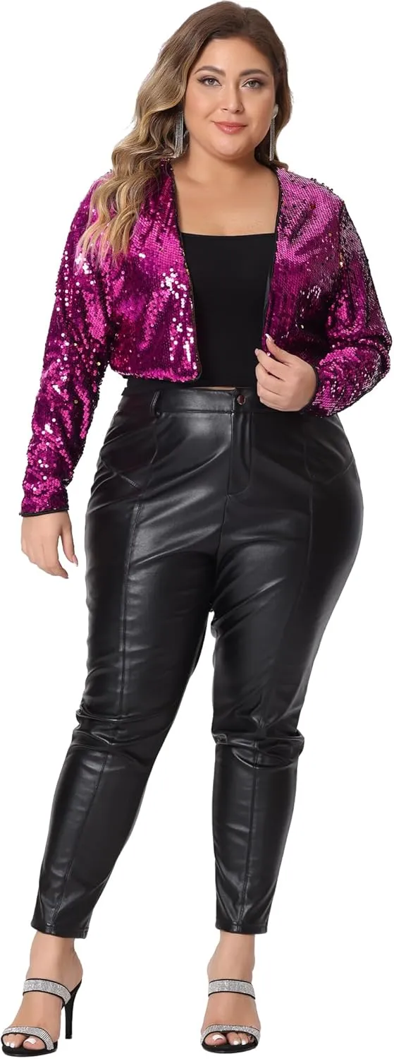 Agnes Orinda Plus Size Sequin Jacket for Women Open Front Long Sleeve 2024 Party Sparkly Metallic Crop Jackets
