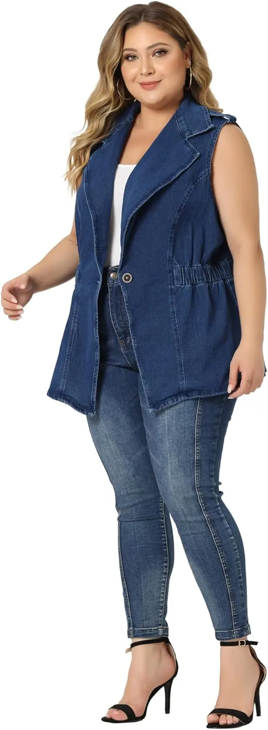 Agnes Orinda Plus Size Women's Denim Vest Sleeveless Lapel Button Elastic Waist Casual Denim Jackets Vests