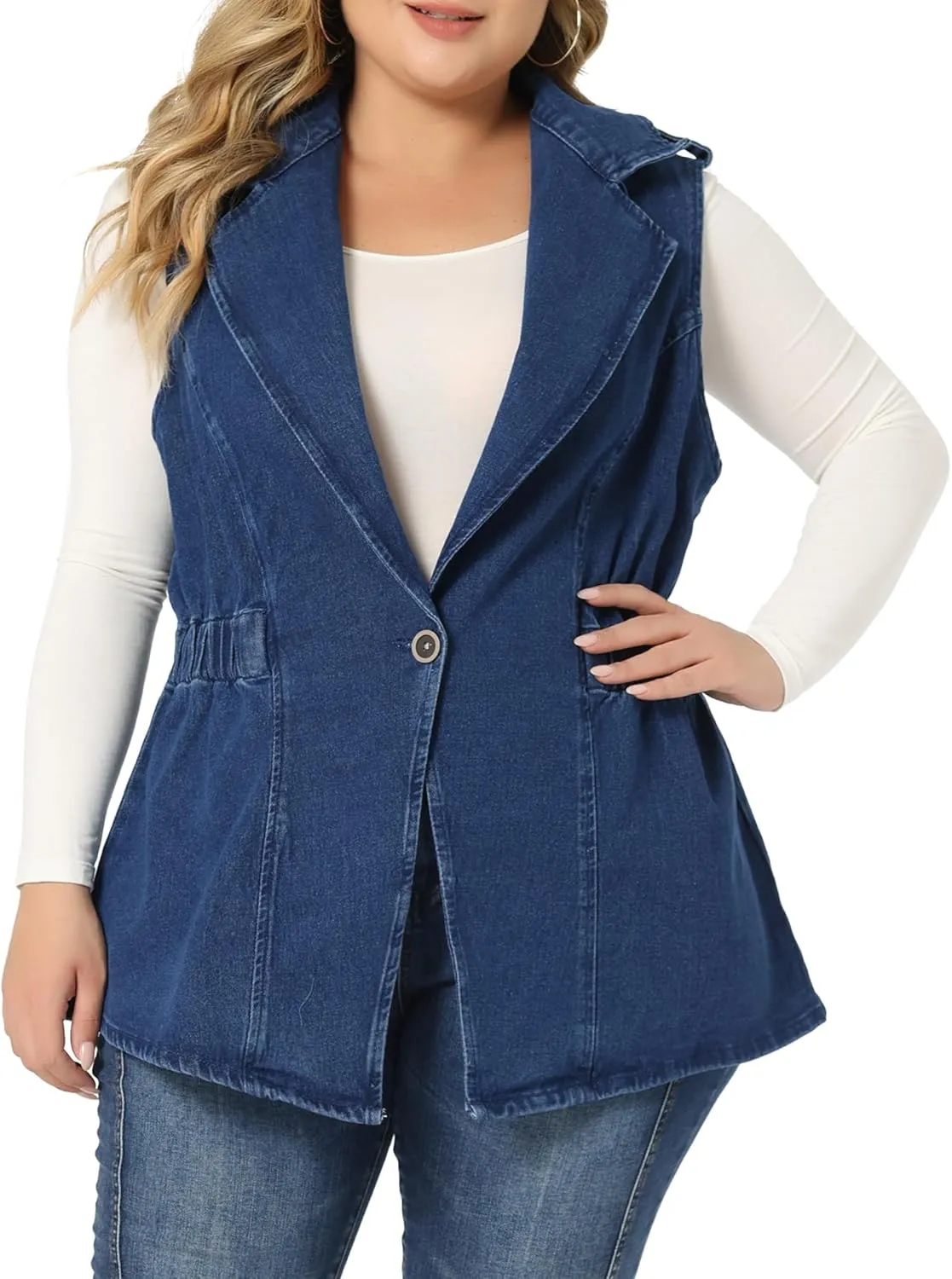 Agnes Orinda Plus Size Women's Denim Vest Sleeveless Lapel Button Elastic Waist Casual Denim Jackets Vests