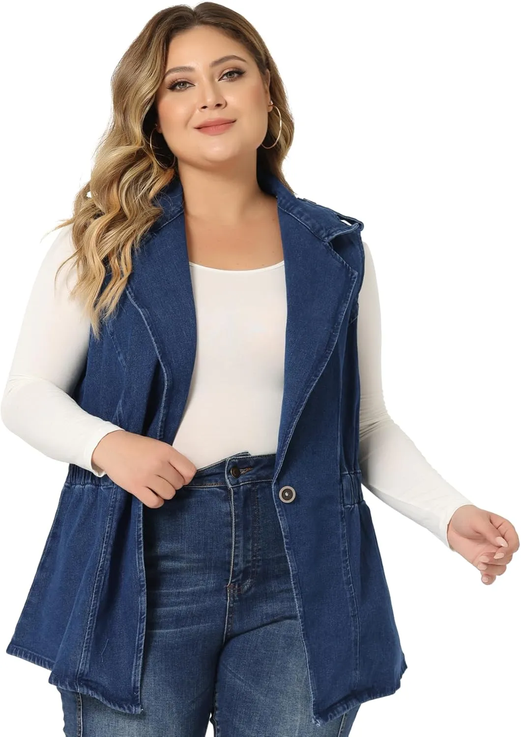 Agnes Orinda Plus Size Women's Denim Vest Sleeveless Lapel Button Elastic Waist Casual Denim Jackets Vests