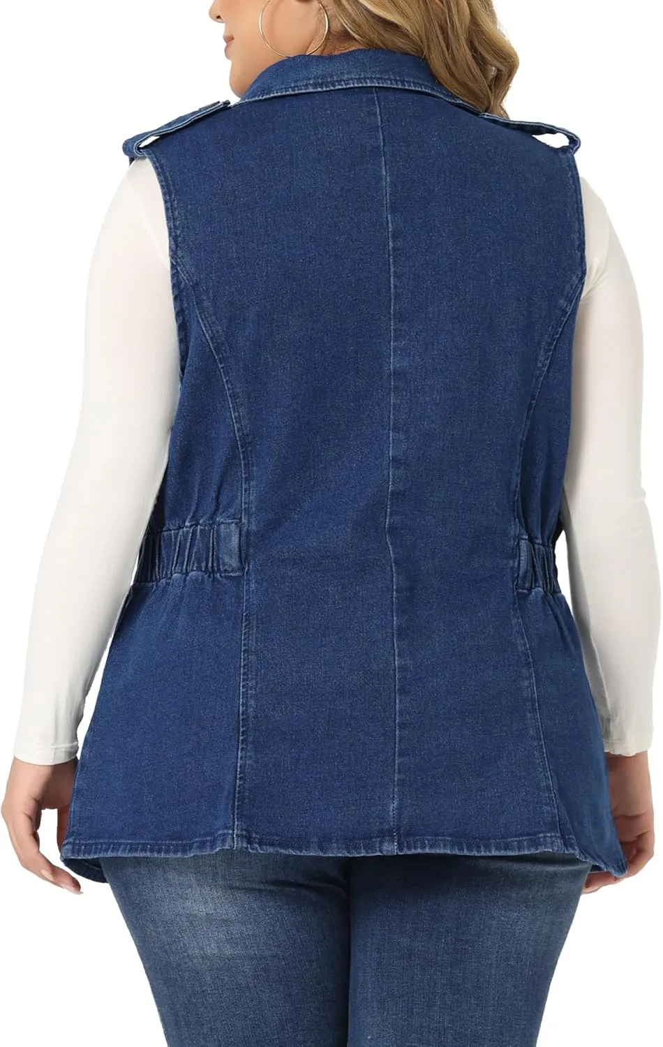 Agnes Orinda Plus Size Women's Denim Vest Sleeveless Lapel Button Elastic Waist Casual Denim Jackets Vests