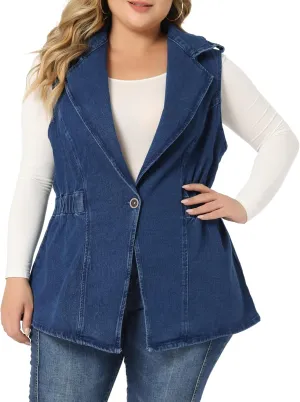 Agnes Orinda Plus Size Women's Denim Vest Sleeveless Lapel Button Elastic Waist Casual Denim Jackets Vests