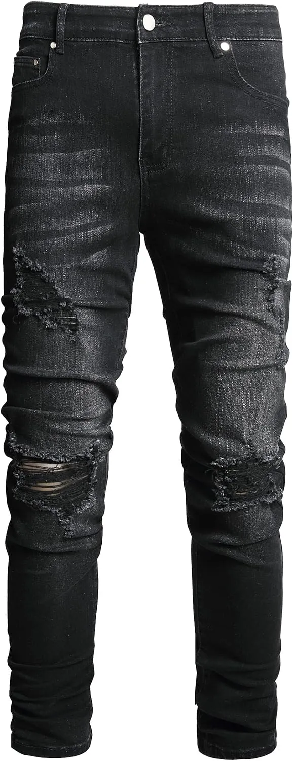 AITITIA Men's Ripped Jeans Taper Skinny Fit Stretch Denim Pants