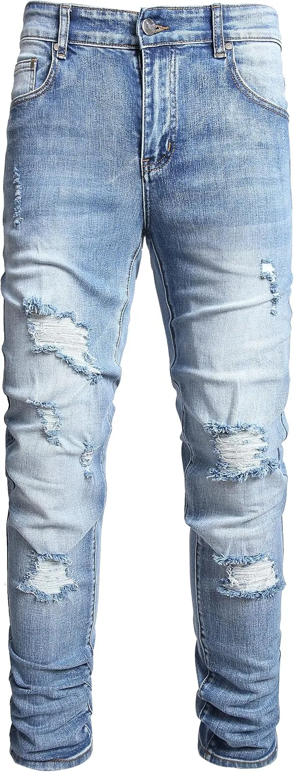 AITITIA Men's Ripped Jeans Taper Skinny Fit Stretch Denim Pants