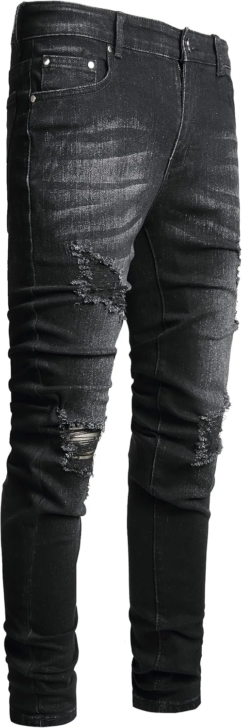 AITITIA Men's Ripped Jeans Taper Skinny Fit Stretch Denim Pants