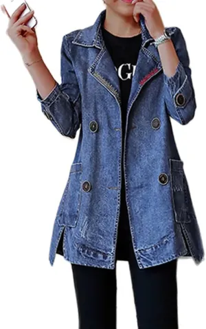 Akivide Women's Button Front Long Sleeve Jean Jacket Oversized Lapel Collar Denim Trench Coats Shacket with Pockets