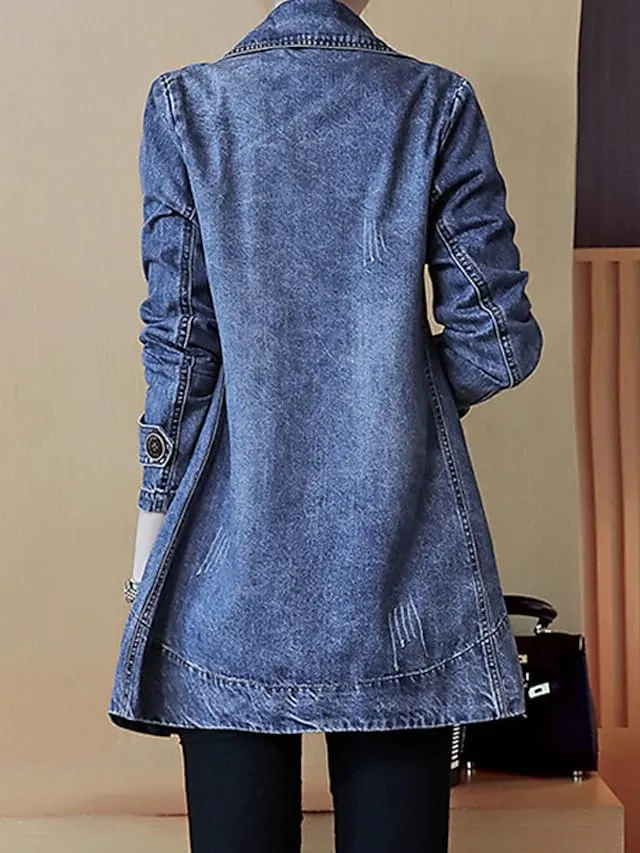 Akivide Women's Button Front Long Sleeve Jean Jacket Oversized Lapel Collar Denim Trench Coats Shacket with Pockets