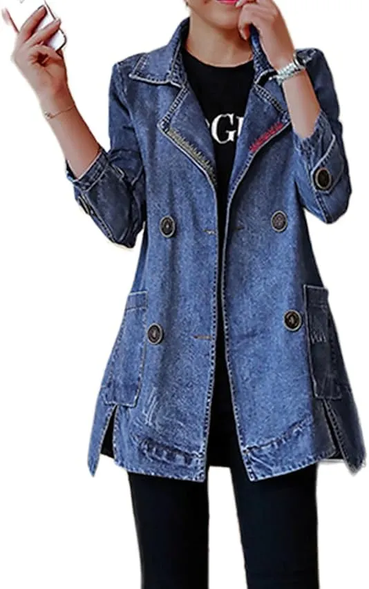 Akivide Women's Button Front Long Sleeve Jean Jacket Oversized Lapel Collar Denim Trench Coats Shacket with Pockets