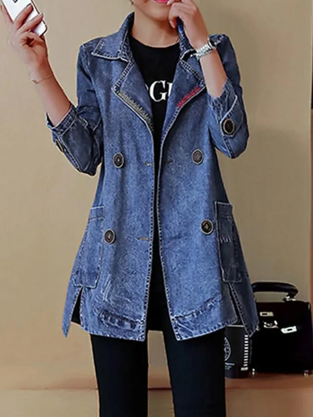 Akivide Women's Button Front Long Sleeve Jean Jacket Oversized Lapel Collar Denim Trench Coats Shacket with Pockets