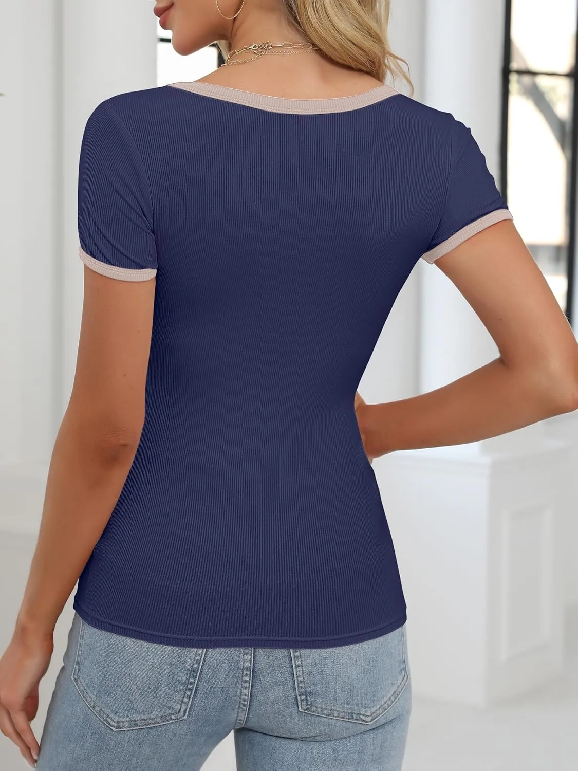 ANRABESS Women Short Sleeve Tops Square Neck Ribbed Knit Color Block T Shirts Fitted Casual Summer 2025 Trendy Basic Tees