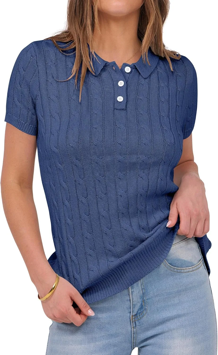 ANRABESS Women's Short Sleeve Sweaters Tops Polo V Neck Button Cable Knit Pullover Business Shirts 2025 Summer Casual Outfits