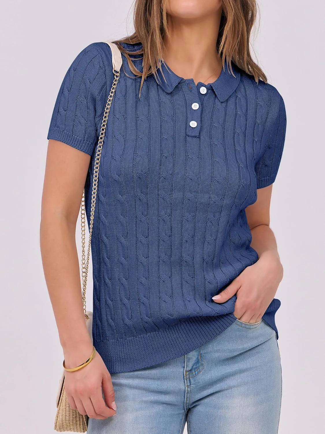 ANRABESS Women's Short Sleeve Sweaters Tops Polo V Neck Button Cable Knit Pullover Business Shirts 2025 Summer Casual Outfits