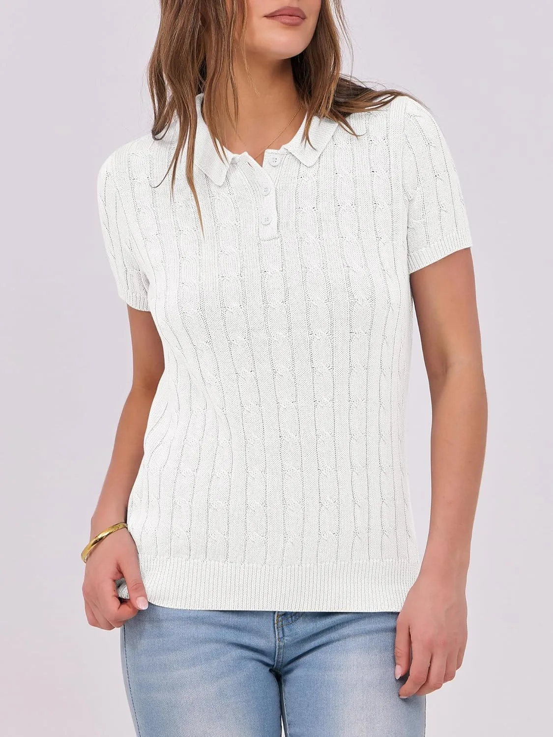 ANRABESS Women's Short Sleeve Sweaters Tops Polo V Neck Button Cable Knit Pullover Business Shirts 2025 Summer Casual Outfits