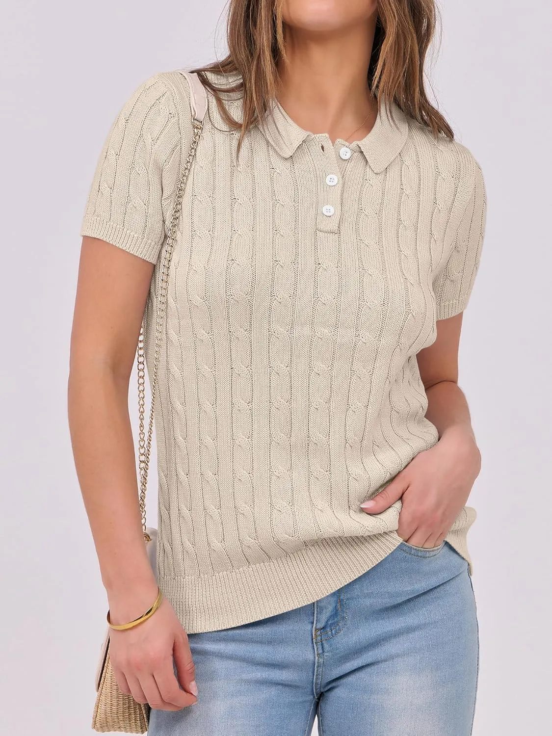 ANRABESS Women's Short Sleeve Sweaters Tops Polo V Neck Button Cable Knit Pullover Business Shirts 2025 Summer Casual Outfits