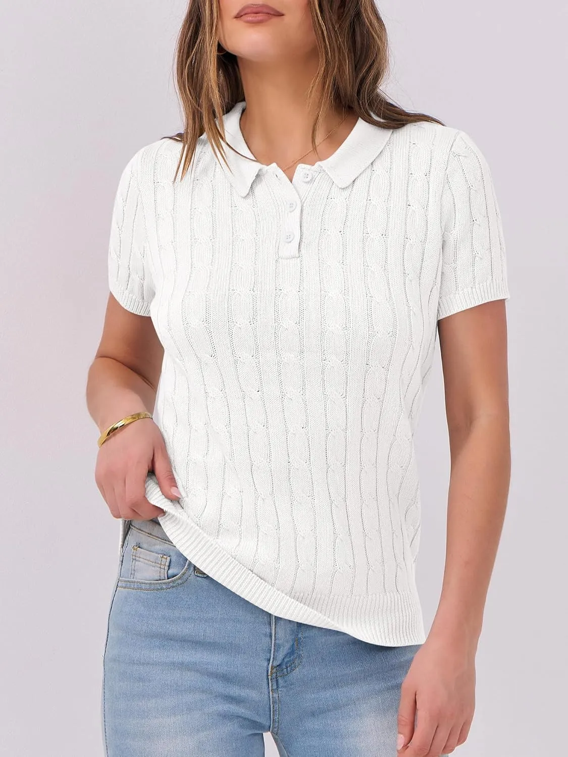ANRABESS Women's Short Sleeve Sweaters Tops Polo V Neck Button Cable Knit Pullover Business Shirts 2025 Summer Casual Outfits